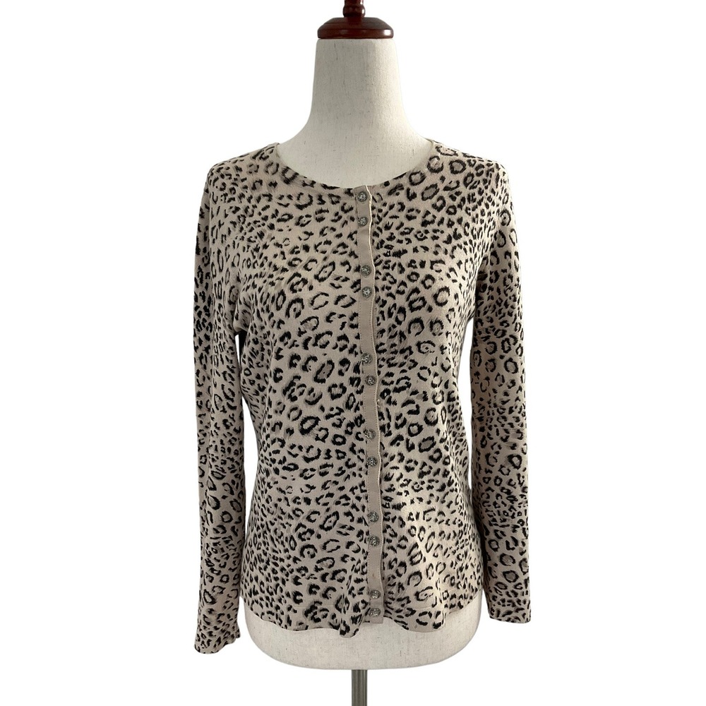 Jones New York Women's Cardigan Leopard Brown Size SP Sweater Classic Crew #3•4